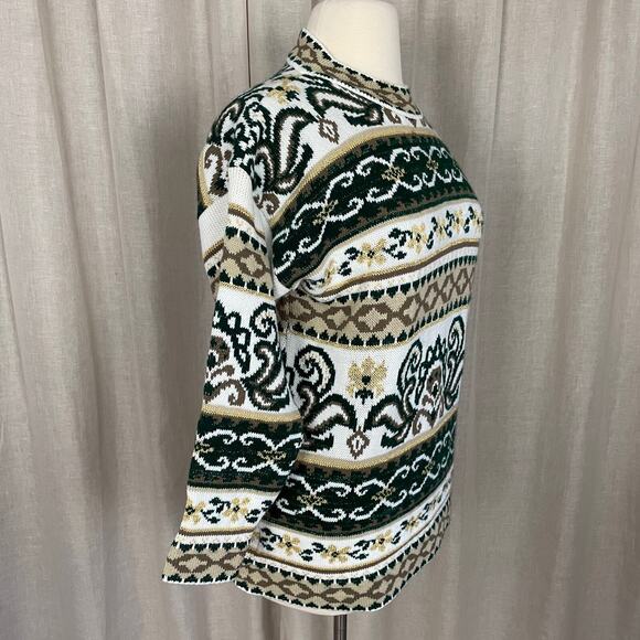 Vintage Sweater Womens Size Large White Green Brocade Mock Neck Knit 80s 90s - Picture 5 of 11